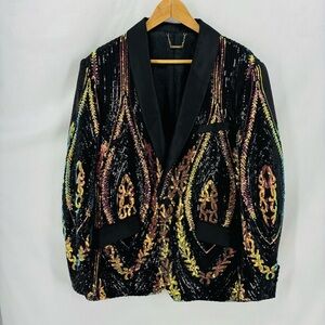 Barabas Men’s Black Multicolor Sequin Embroidered Slim Fit Blazer Jacket Large